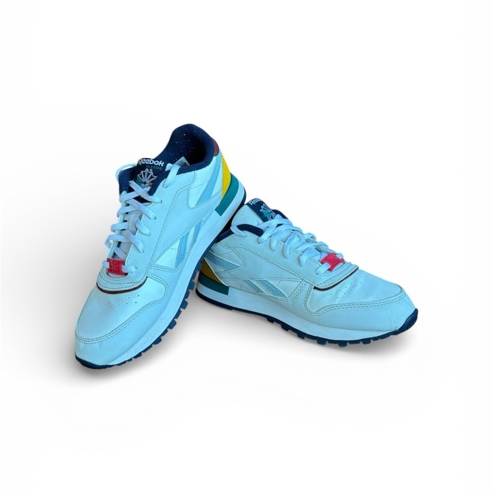 Reebok classic leather kids youth size 4 white yellow blue retro sneakers - Picture 2 of 8